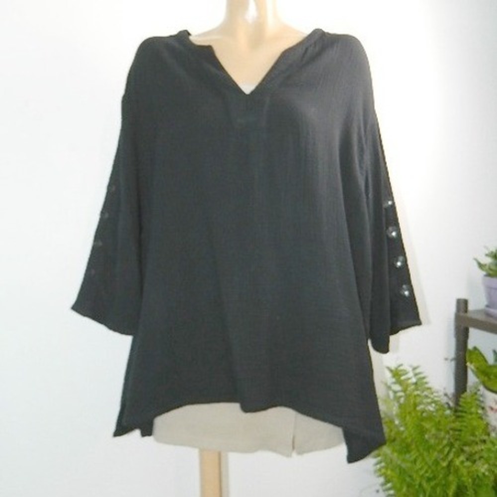 Chico's Tunic Top Women 3 Black Cotton Gauze Button Sleeve High Low Hem V Neck